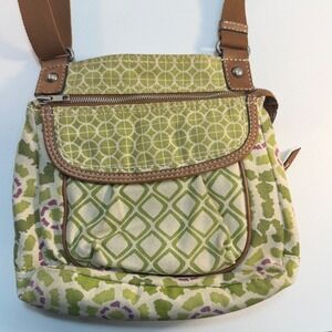 Fossil Messenger Bag Canvas Green Geometric Print Crossbody Adjustable Strap